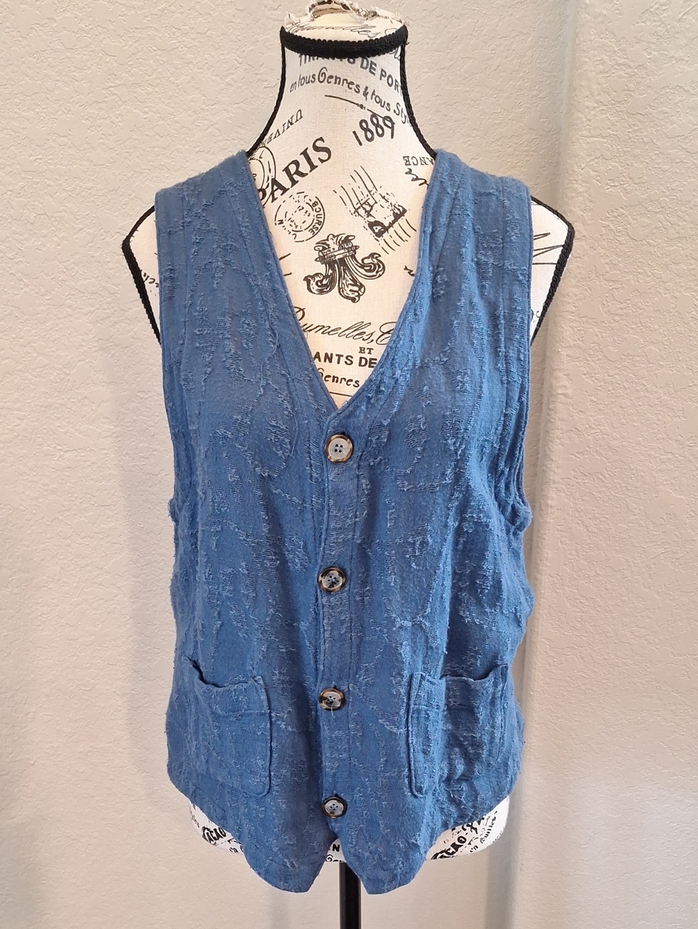 Vintage CP Shades Cotton Linen Blend Buttondown Vest Top Blue Size Small